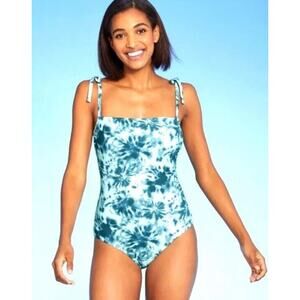 Women's Shoulder Tie Square Neck One Piece Swimsuit Kona Sol Tie dye Blue M 8-10